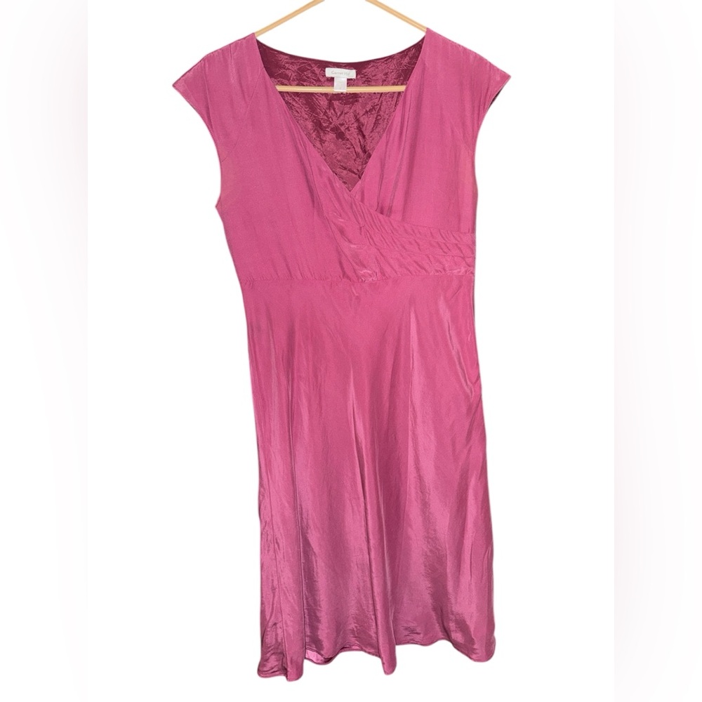 Garnet Hill V-neck Short Sleeve Faux-wrap Silk Dress Magenta Sz 8